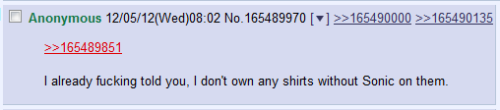 a screenshot from 4chan reading 'I already fucking told you, I don't own any shirts without Sonic on them.'
