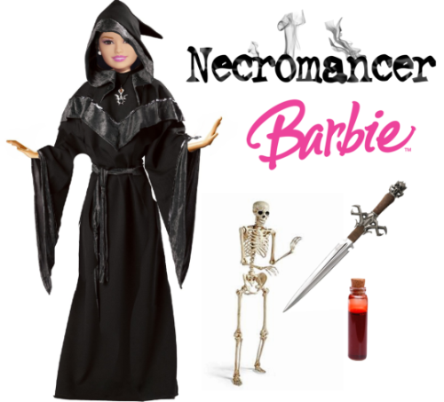 a digitally manipulated picture of a Barbie doll in a black robe that reads 'Necromancer Barbie'. The image also features a reanimated skeleton, a ritualistic dagger, and a vial of blood.