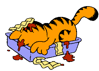 a picture of garfield face down in a pan full of lasagna.
