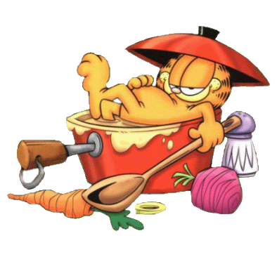a picture of garfield in a pot with vegetables.