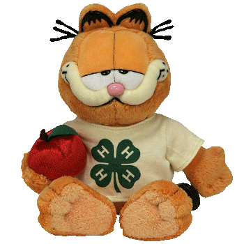 a picture of garfield holding an apple, wearing a 4h shirt.